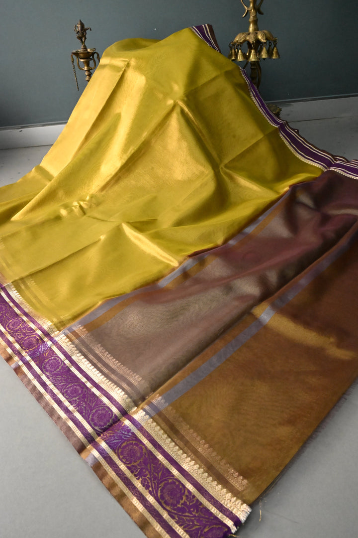 Moss Gold Tissue Art Silk Saree with Purple Contrast Thread Border | SHOBITAM