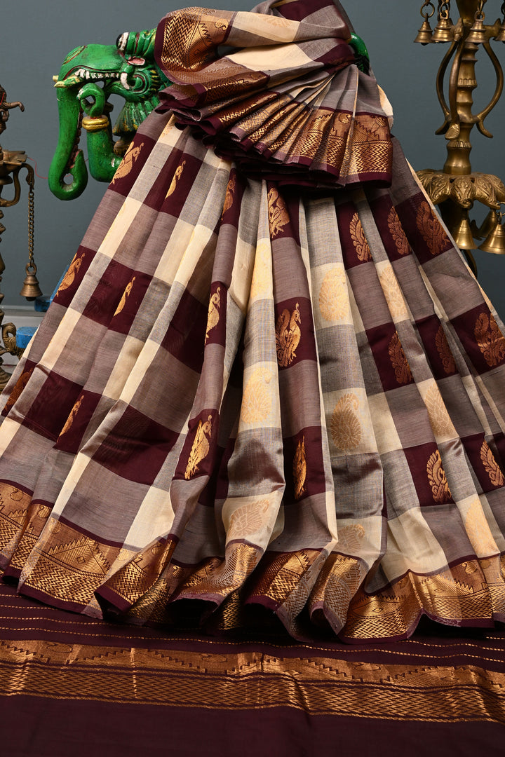 Ivory-Betel Nut Brown Palum Pazhamum Kanchi Silk Cotton Saree with Zari Buttas and Zari Border | SHOBITAM