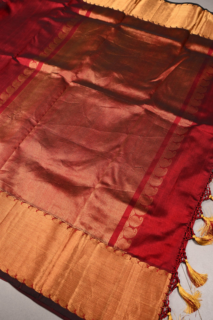 Maroon-Black Dual Tone Kanchi Silk Cotton Handloom Saree with Paisley Tissue Zari Border | SHOBITAM
