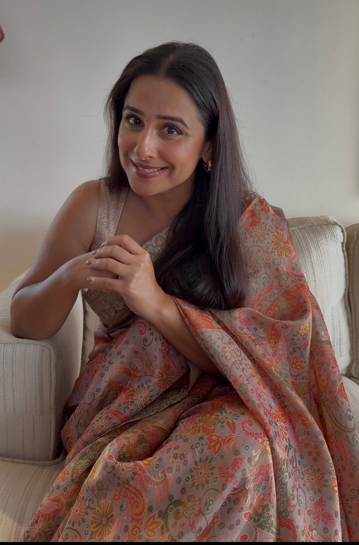 Vegan Tissue Saree with Digital Print and Cord Pitta Embroidery Border, No Blouse Piece