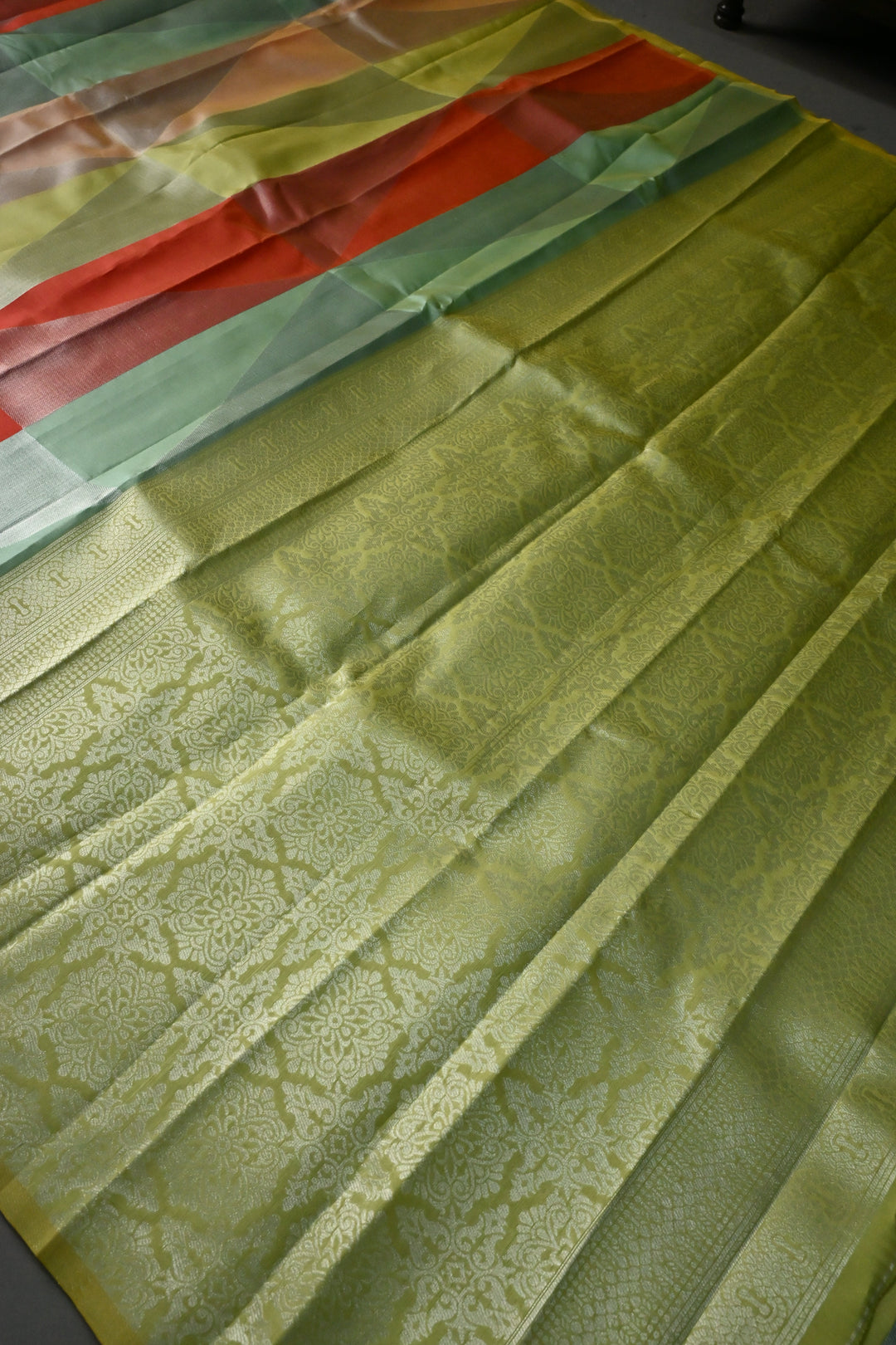 Multicolor Borderless Art Silk Saree with Muted Silver Geometric Design| SHOBITAM
