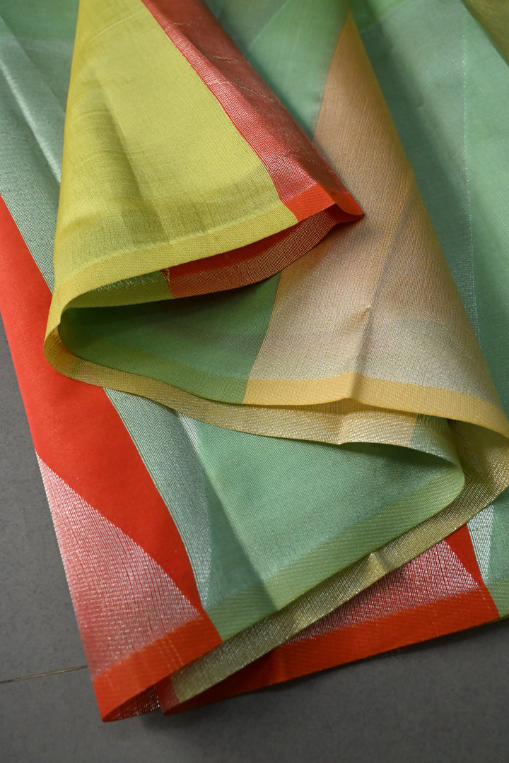 Multicolor Borderless Art Silk Saree with Muted Silver Geometric Design| SHOBITAM