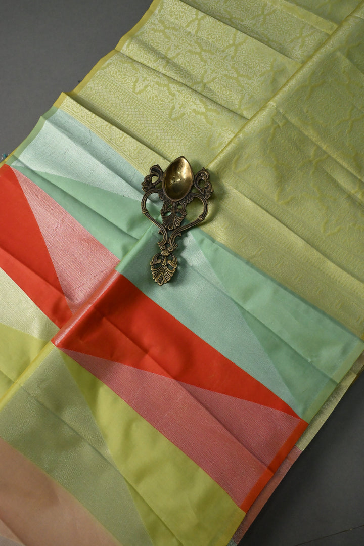 Multicolor Borderless Art Silk Saree with Muted Silver Geometric Design| SHOBITAM