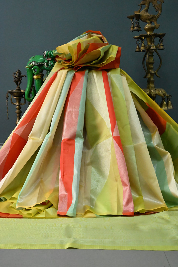 Multicolor Borderless Art Silk Saree with Muted Silver Geometric Design| SHOBITAM