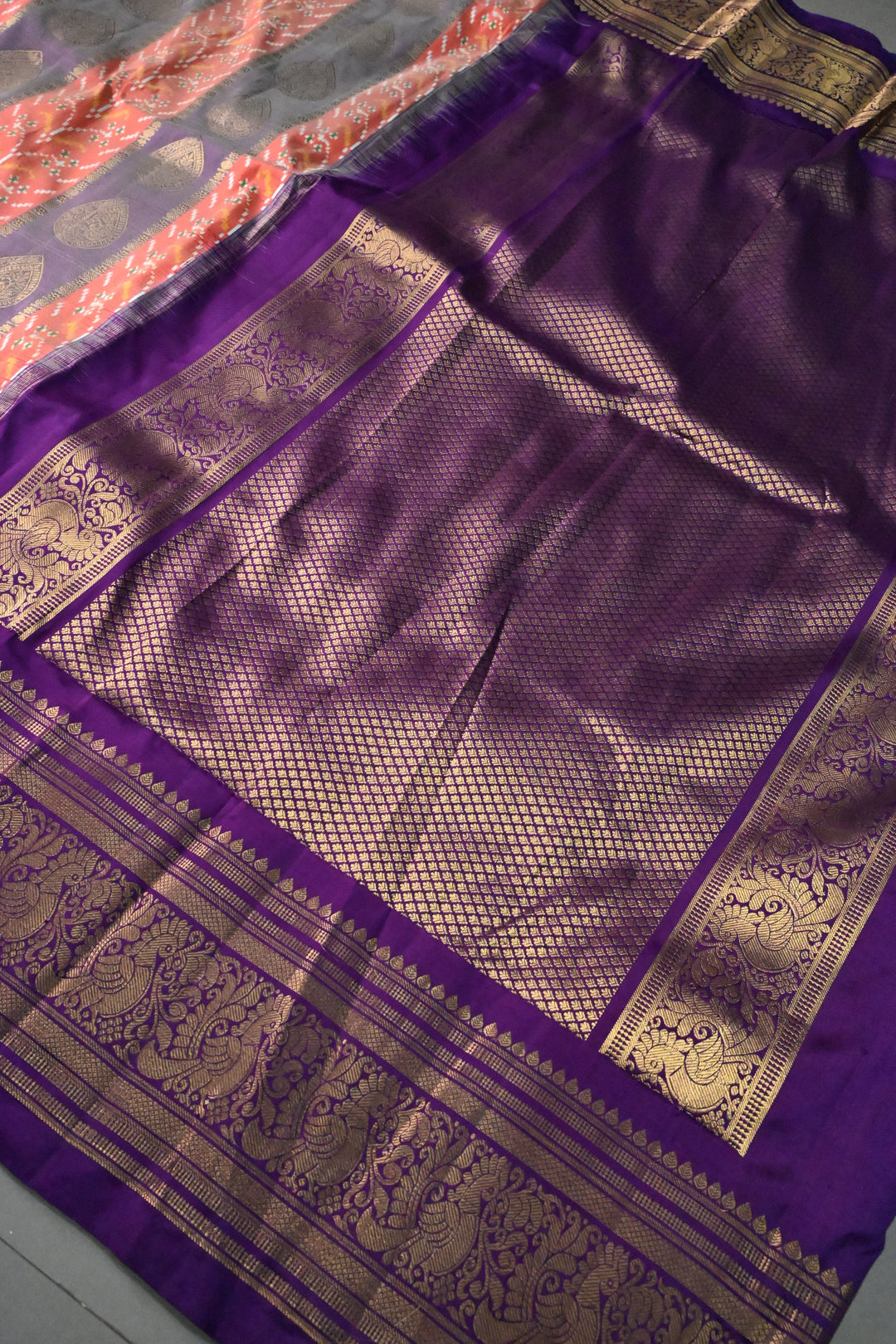 Orange-Purple Ikkat Kanjivaram Fusion Pure Silk Saree with Buttas Panel -Brocade and Zari Border | SILK MARK CERTIFIED | SHOBITAM