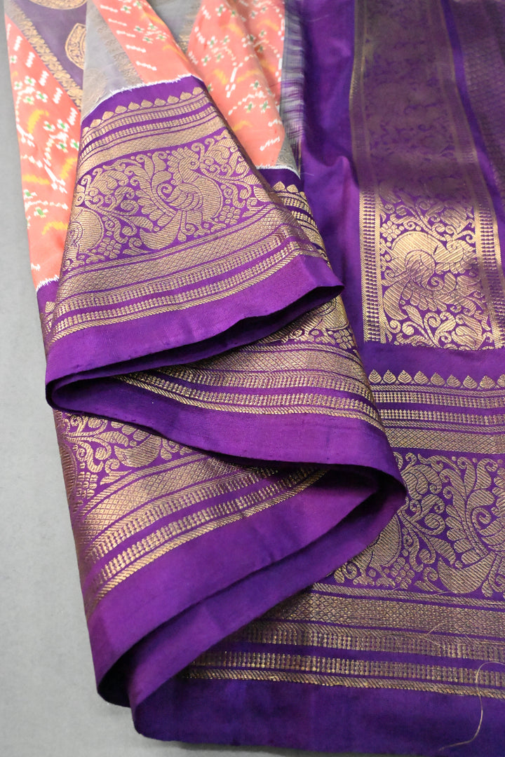Orange-Purple Ikkat Kanjivaram Fusion Pure Silk Saree with Buttas Panel -Brocade and Zari Border | SILK MARK CERTIFIED | SHOBITAM