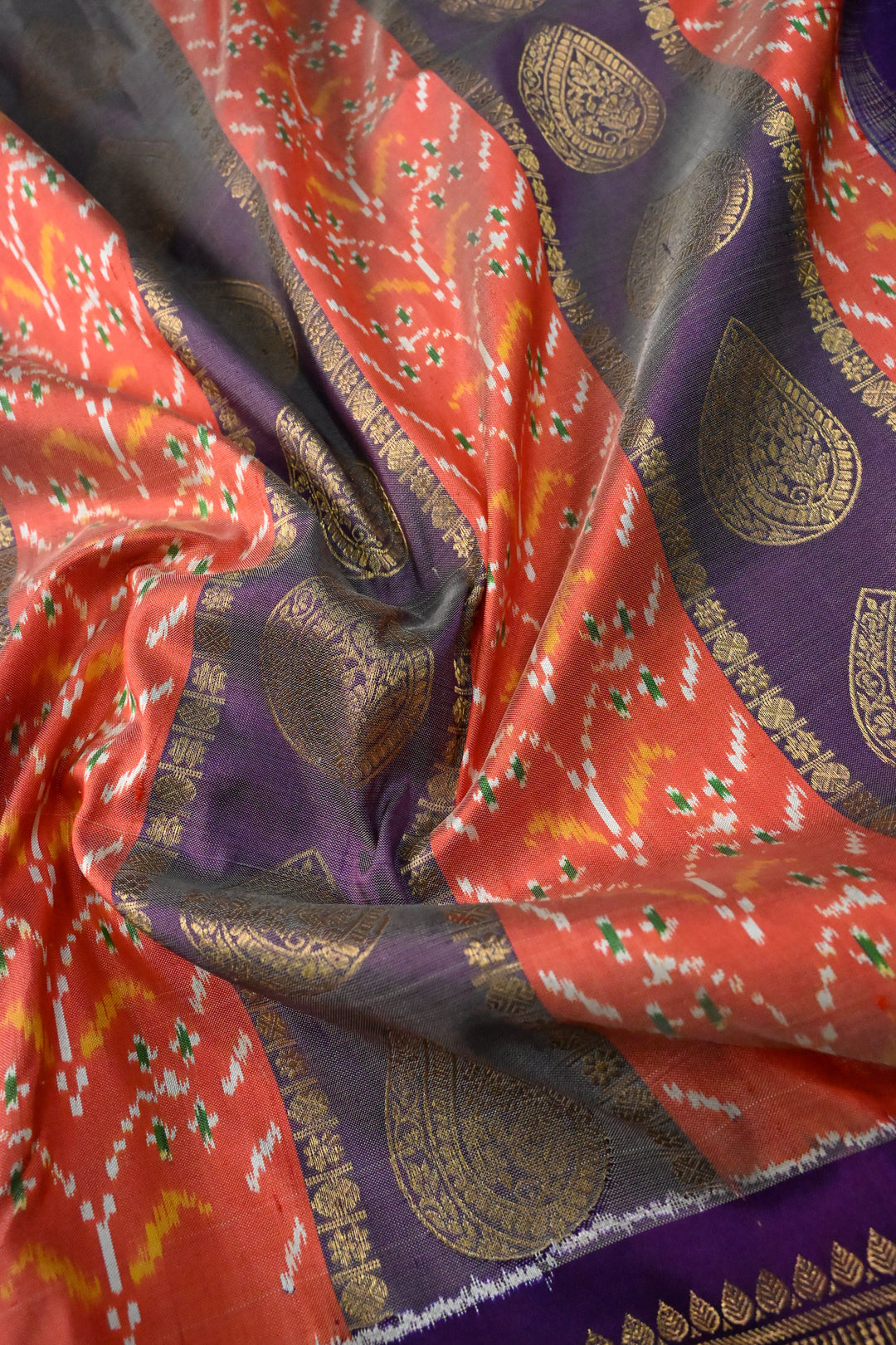 Orange-Purple Ikkat Kanjivaram Fusion Pure Silk Saree with Buttas Panel -Brocade and Zari Border | SILK MARK CERTIFIED | SHOBITAM