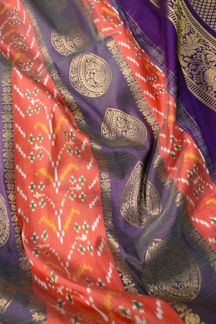 Orange-Purple Ikkat Kanjivaram Fusion Pure Silk Saree with Buttas Panel -Brocade and Zari Border | SILK MARK CERTIFIED | SHOBITAM