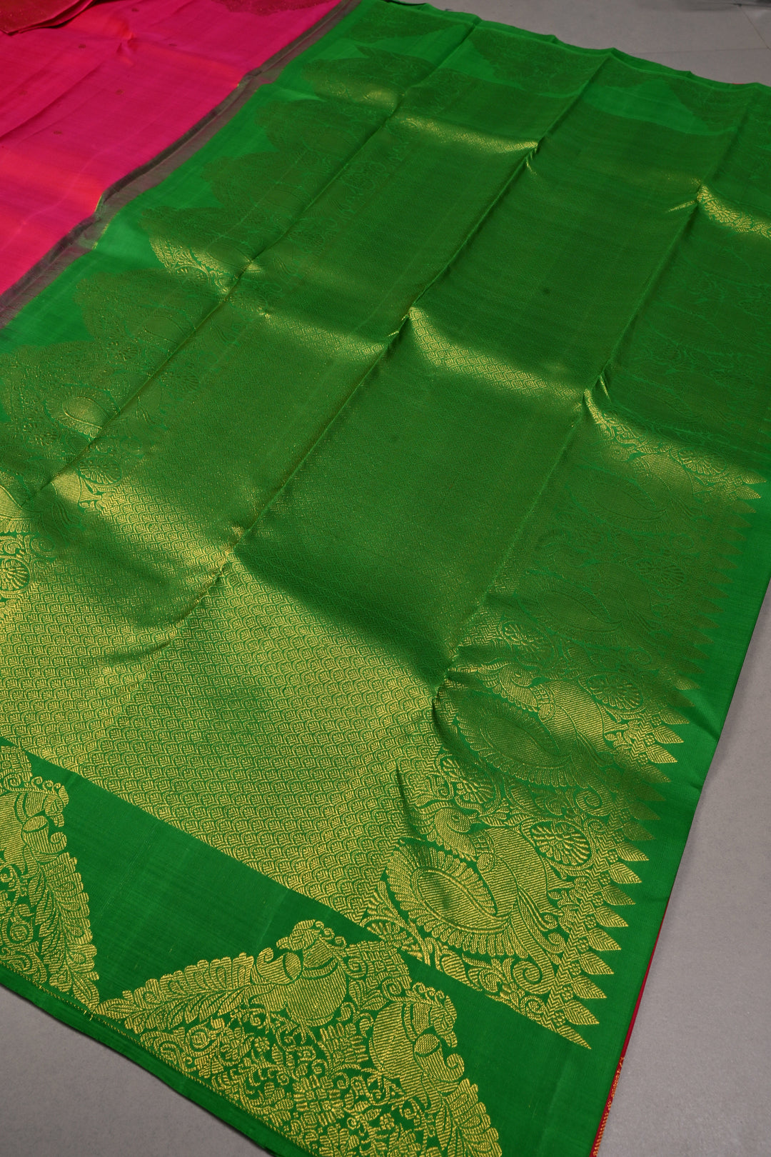 Rani Pink Dual Tone Pure Kanjivaram Silk Saree in Zari Buttas with Twin Peacock Zari Border | SILK MARK CERTIFIED | SHOBITAM