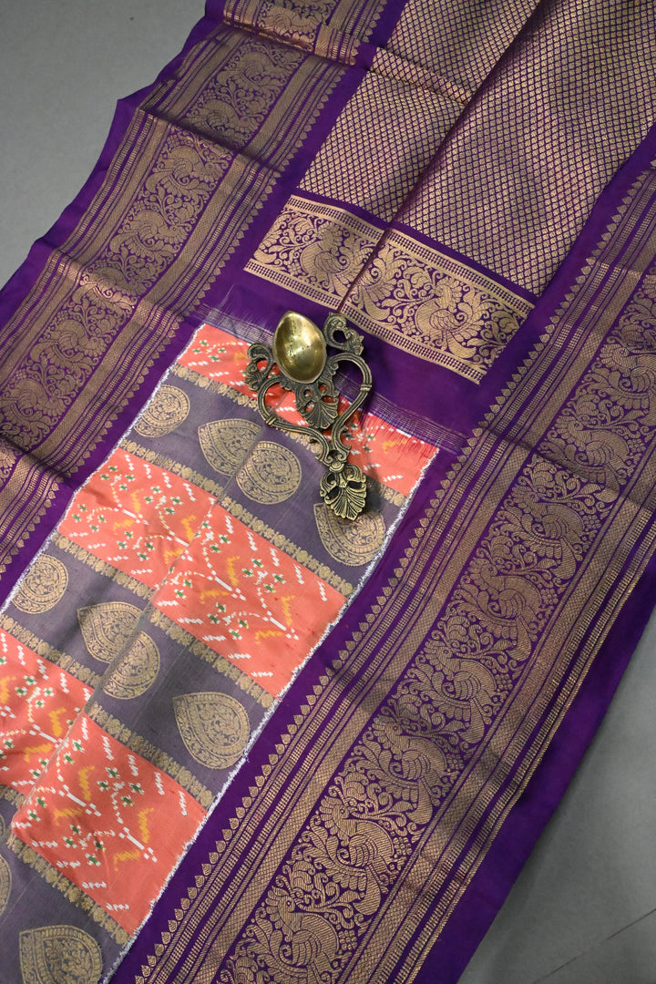 Orange-Purple Ikkat Kanjivaram Fusion Pure Silk Saree with Buttas Panel -Brocade and Zari Border | SILK MARK CERTIFIED | SHOBITAM