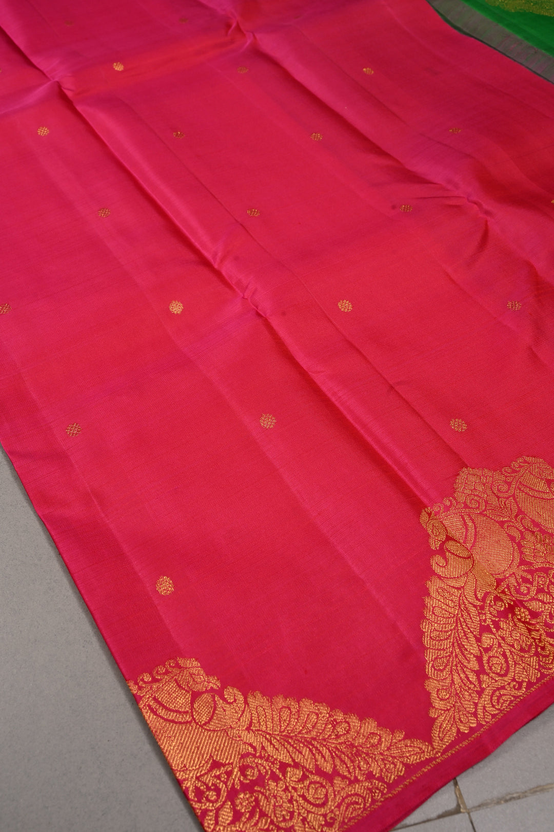 Rani Pink Dual Tone Pure Kanjivaram Silk Saree in Zari Buttas with Twin Peacock Zari Border | SILK MARK CERTIFIED | SHOBITAM