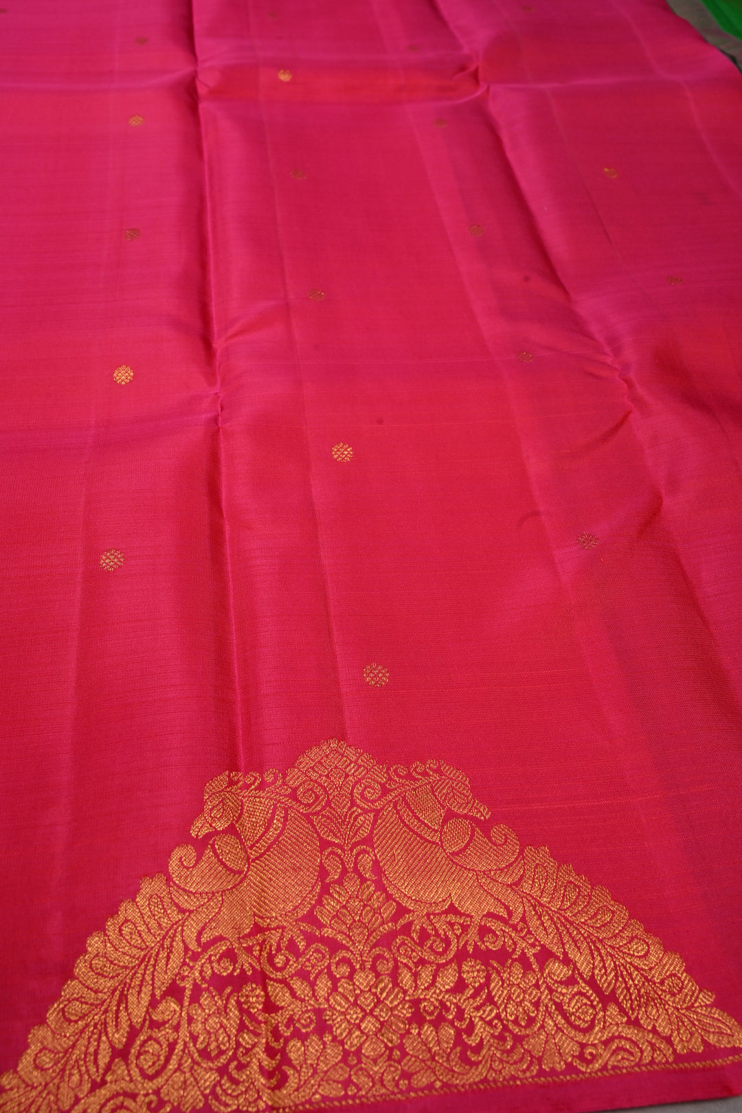 Rani Pink Dual Tone Pure Kanjivaram Silk Saree in Zari Buttas with Twin Peacock Zari Border | SILK MARK CERTIFIED | SHOBITAM