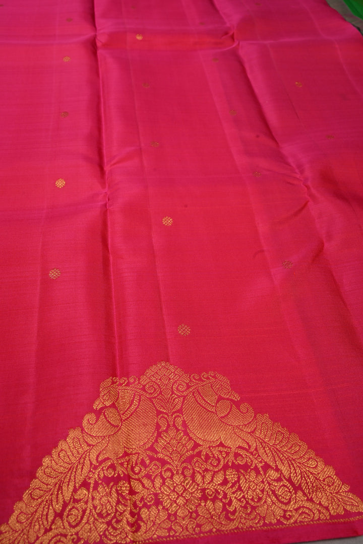 Rani Pink Dual Tone Pure Kanjivaram Silk Saree in Zari Buttas with Twin Peacock Zari Border | SILK MARK CERTIFIED | SHOBITAM