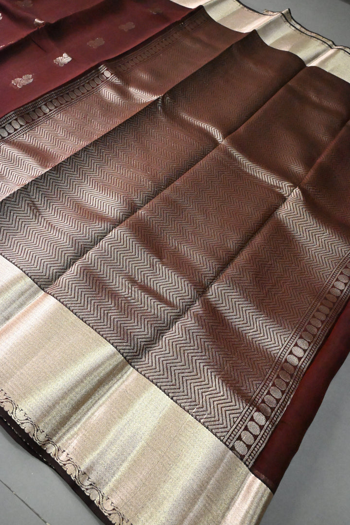 Coffee Brown Handloom Silk By Tencel Saree with Zari Buttas and Zari Border | SHOBITAM