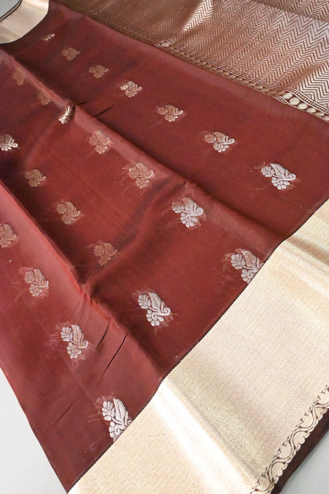 Coffee Brown Handloom Silk By Tencel Saree with Zari Buttas and Zari Border | SHOBITAM