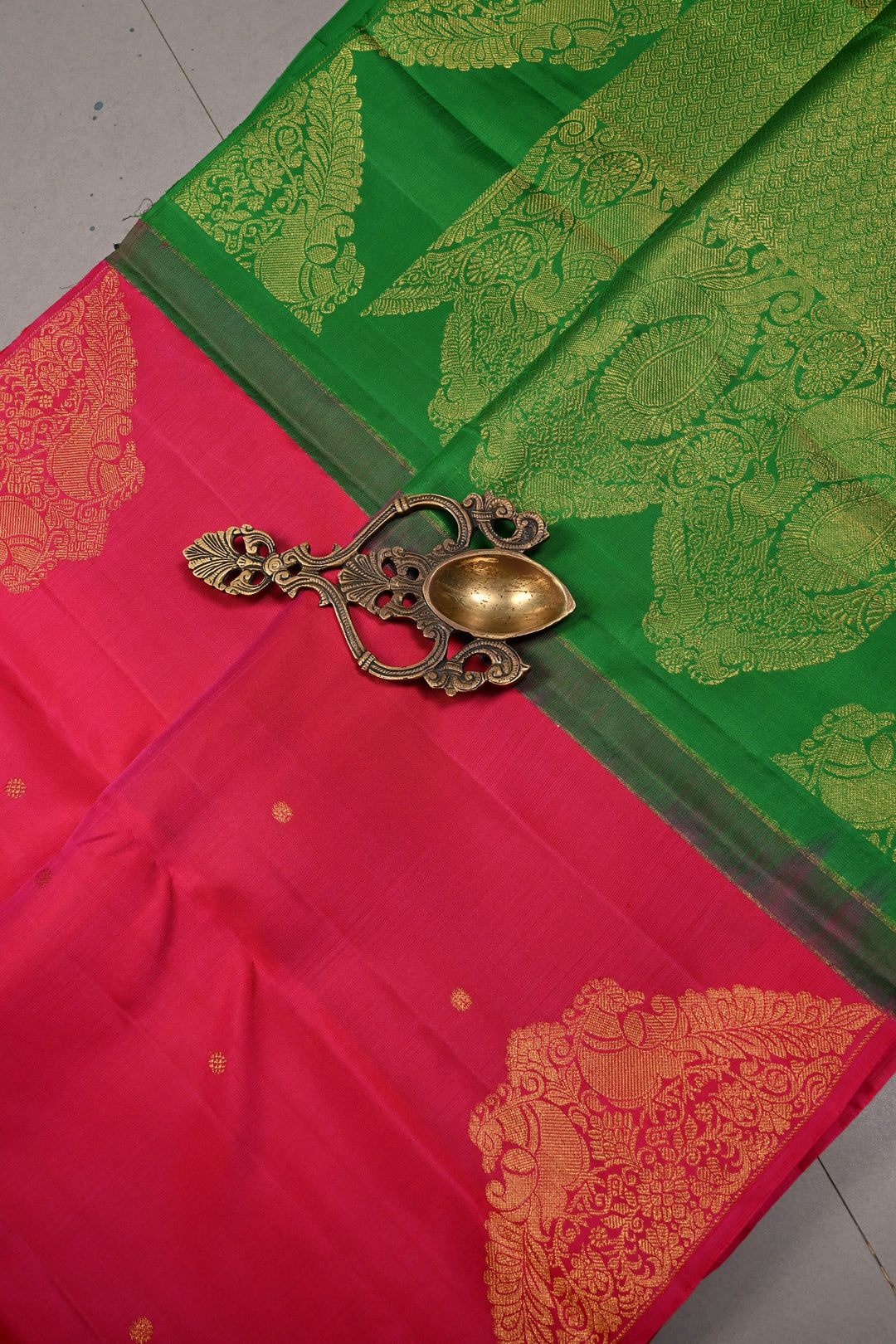 Rani Pink Dual Tone Pure Kanjivaram Silk Saree in Zari Buttas with Twin Peacock Zari Border | SILK MARK CERTIFIED | SHOBITAM