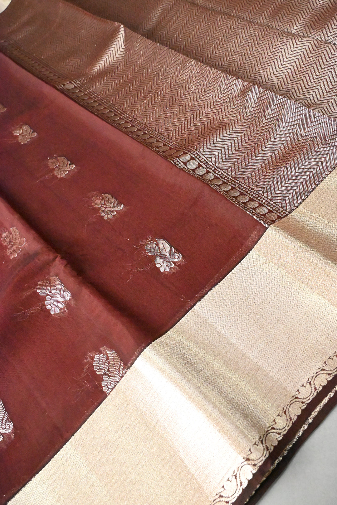 Coffee Brown Handloom Silk By Tencel Saree with Zari Buttas and Zari Border | SHOBITAM
