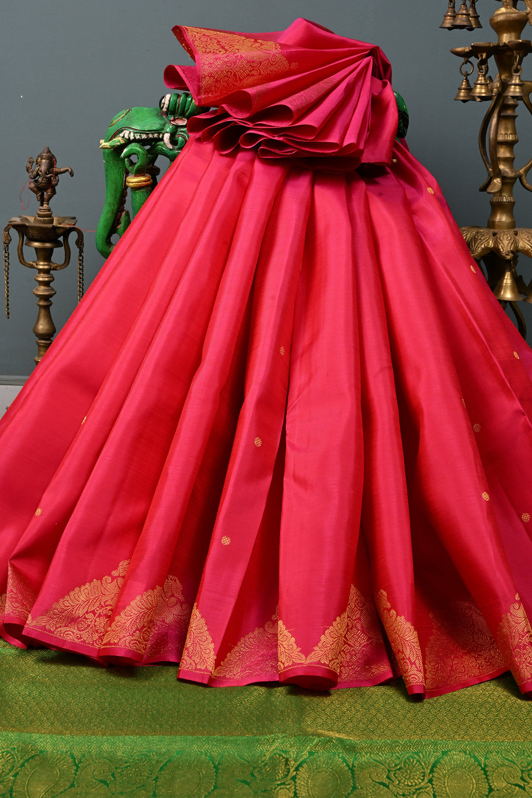 Rani Pink Dual Tone Pure Kanjivaram Silk Saree in Zari Buttas with Twin Peacock Zari Border | SILK MARK CERTIFIED | SHOBITAM