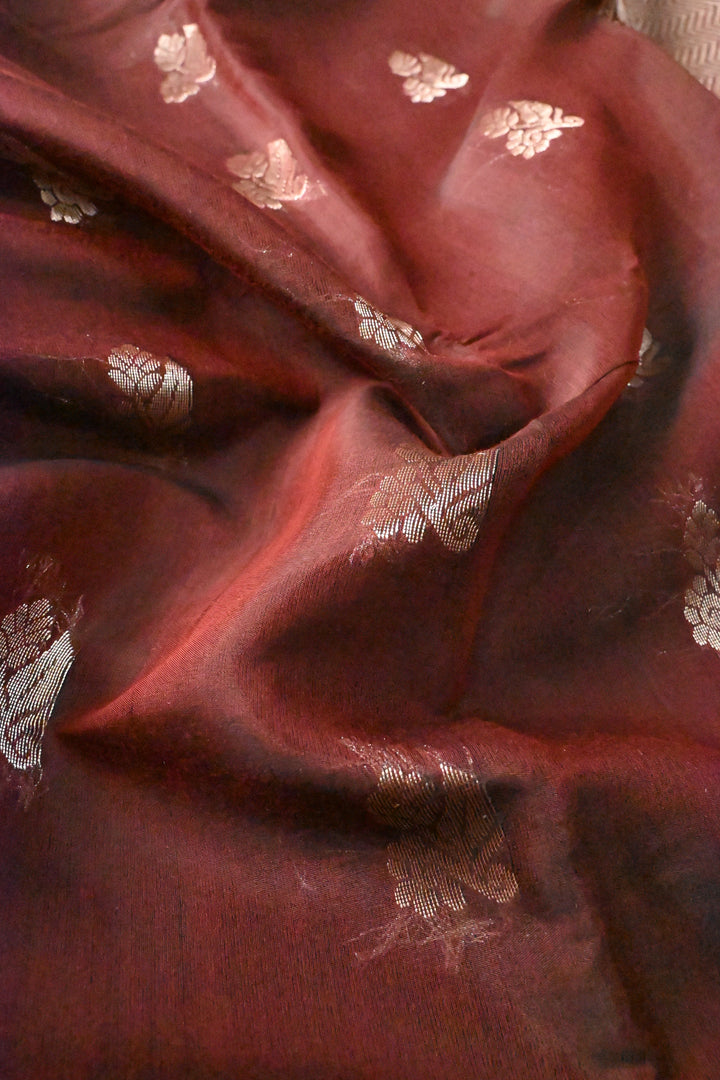 Coffee Brown Handloom Silk By Tencel Saree with Zari Buttas and Zari Border | SHOBITAM