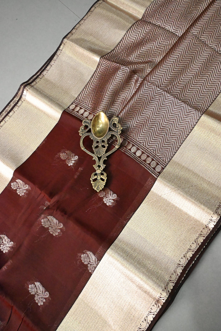 Coffee Brown Handloom Silk By Tencel Saree with Zari Buttas and Zari Border | SHOBITAM