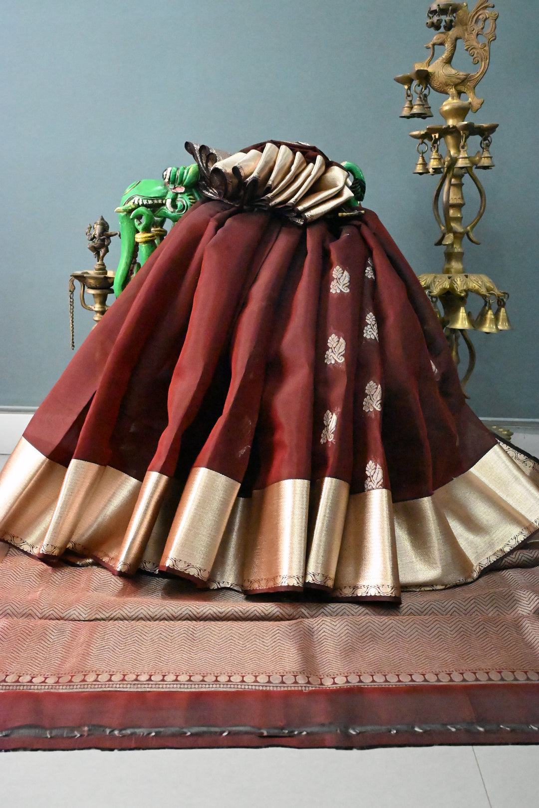 Coffee Brown Handloom Silk By Tencel Saree with Zari Buttas and Zari Border | SHOBITAM