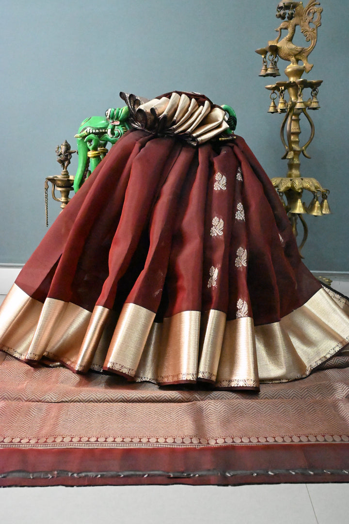 Coffee Brown Handloom Silk By Tencel Saree with Zari Buttas and Zari Border | SHOBITAM