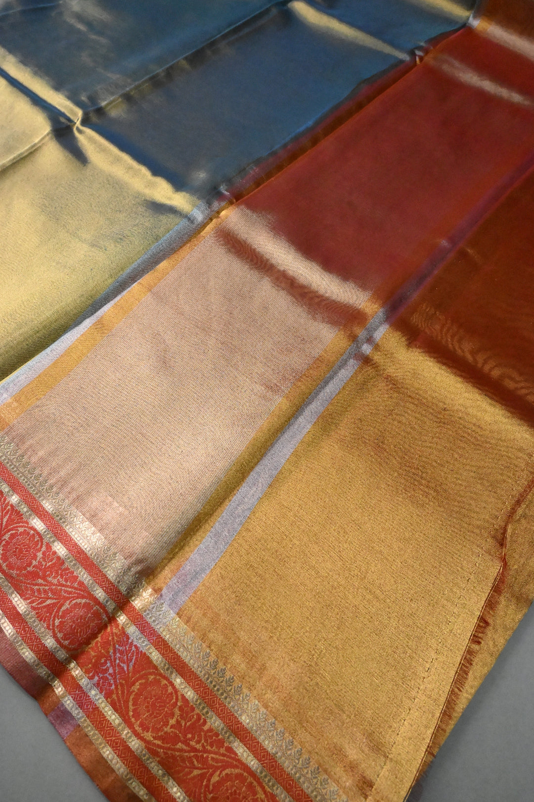 Blue-Gold Tissue Art Silk Saree with Contrast Thread Border | SHOBITAM
