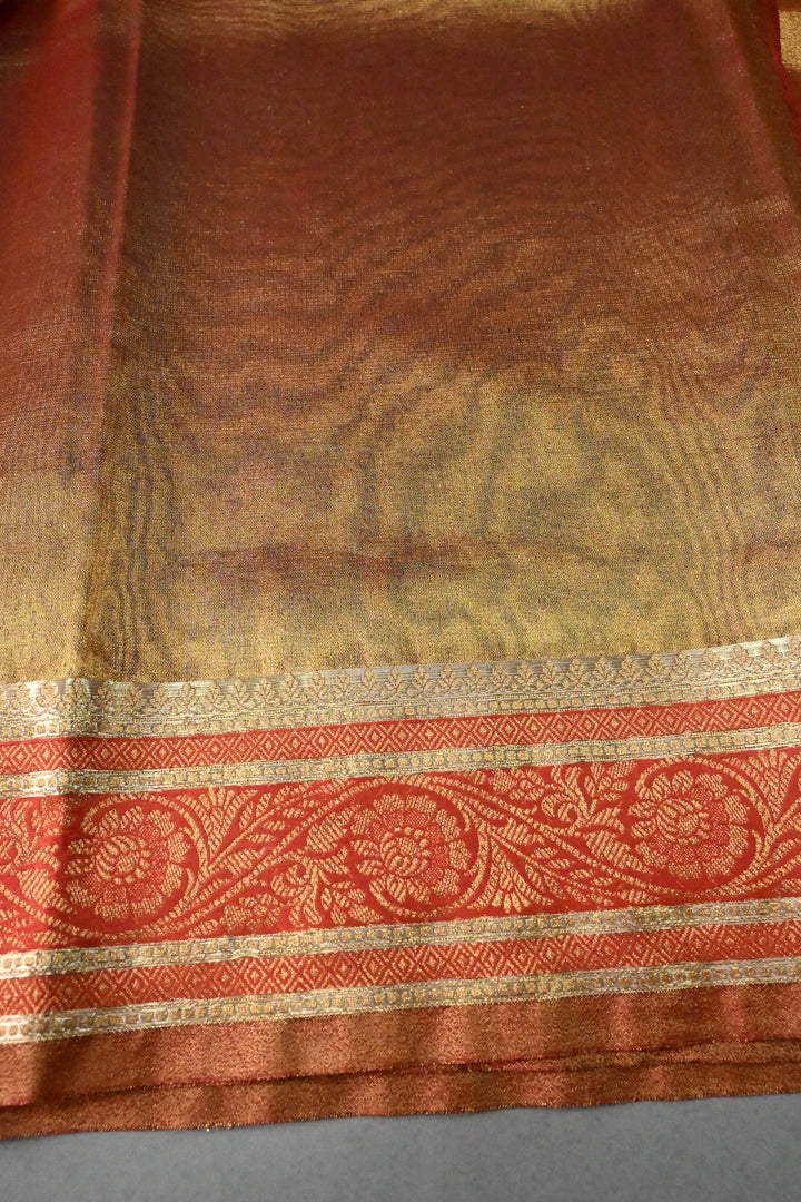 Blue-Gold Tissue Art Silk Saree with Contrast Thread Border | SHOBITAM