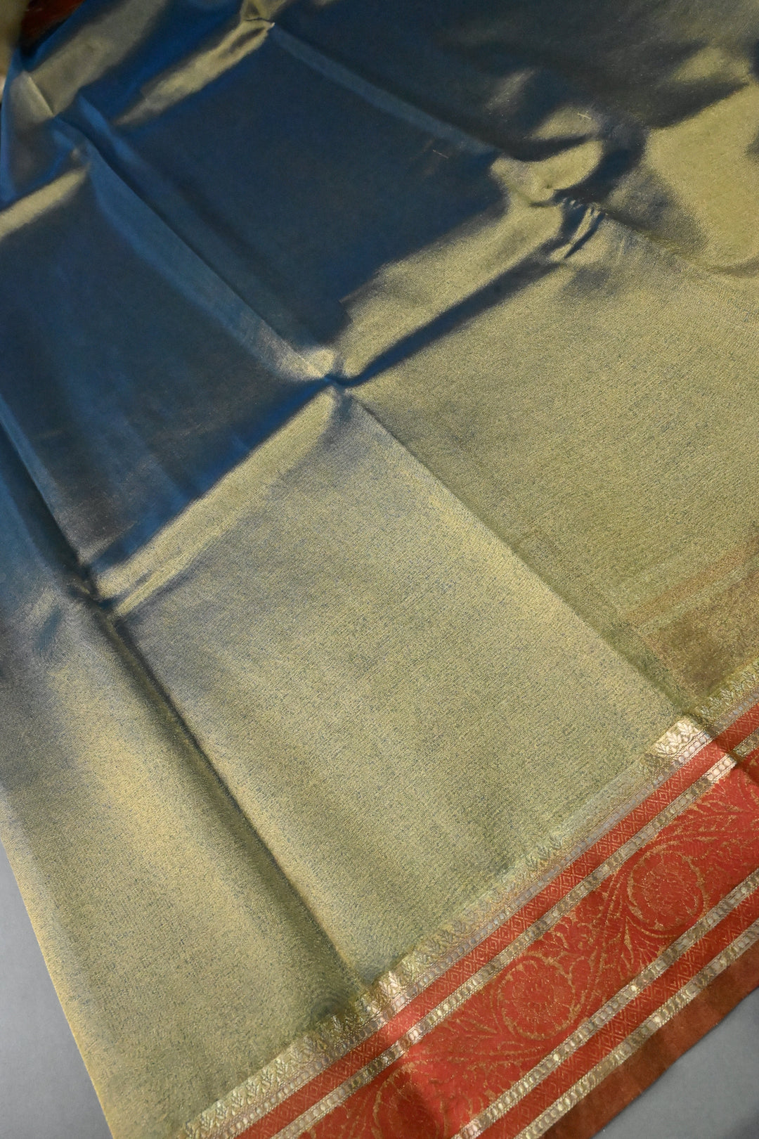 Blue-Gold Tissue Art Silk Saree with Contrast Thread Border | SHOBITAM
