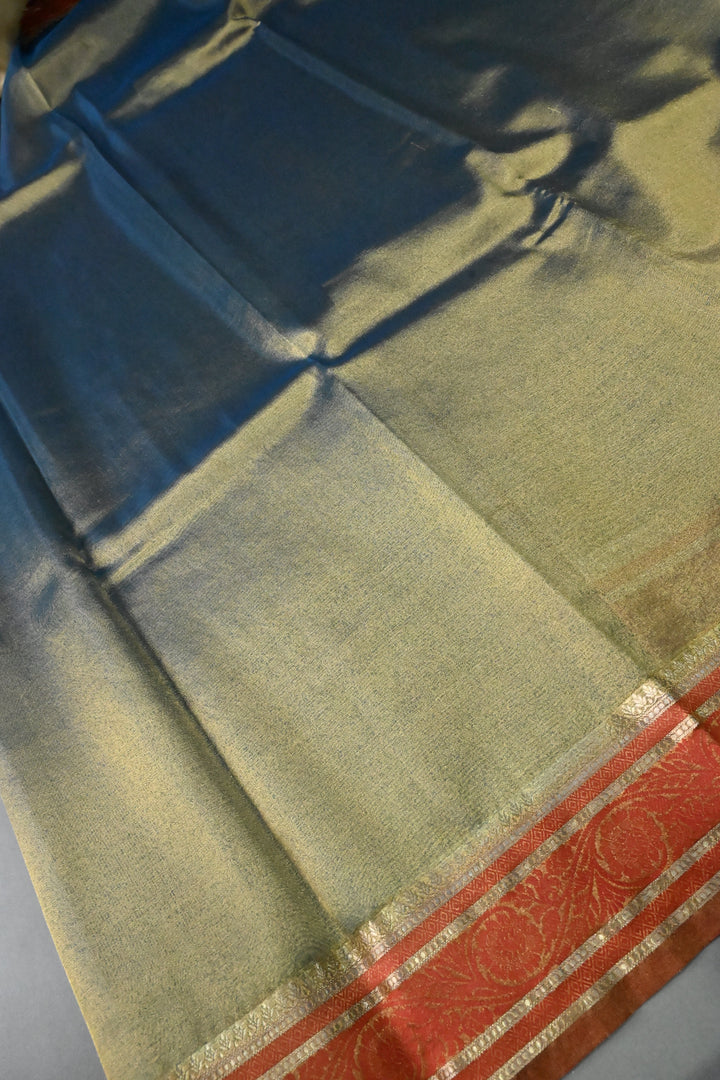 Blue-Gold Tissue Art Silk Saree with Contrast Thread Border | SHOBITAM