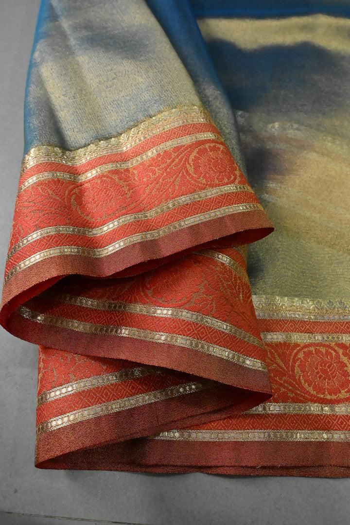 Blue-Gold Tissue Art Silk Saree with Contrast Thread Border | SHOBITAM