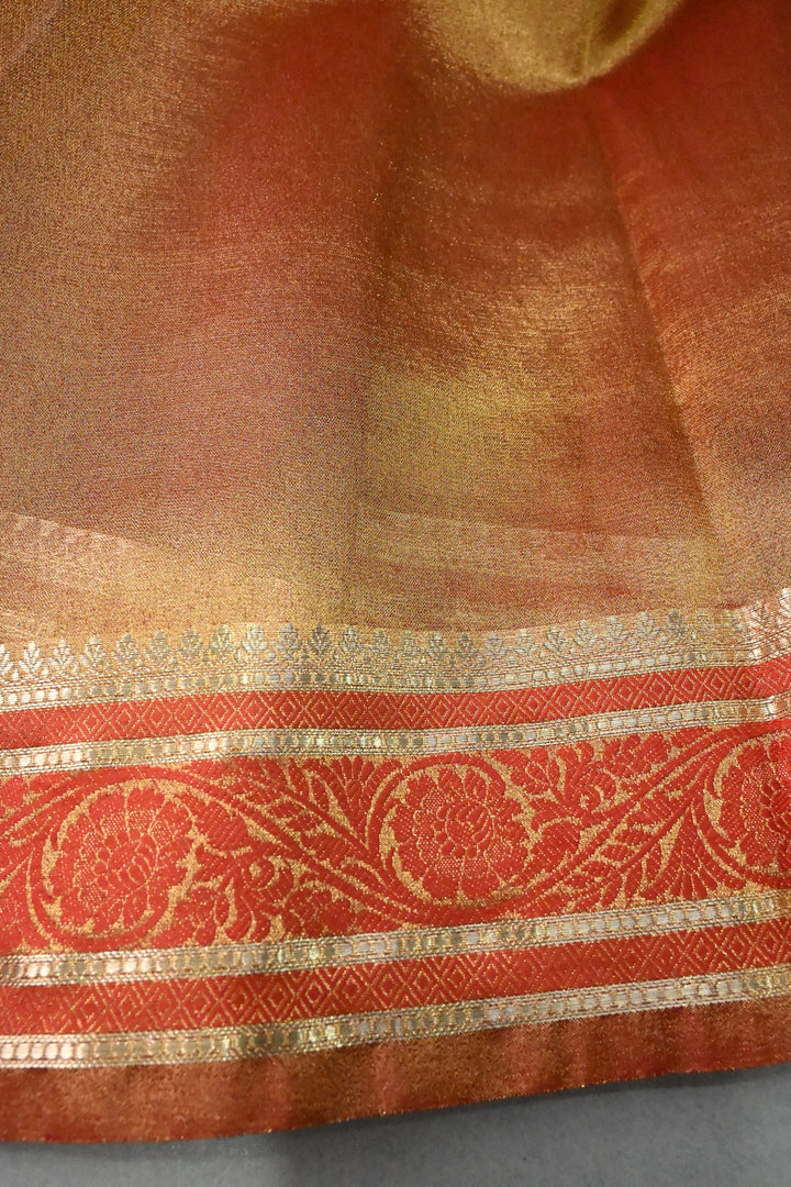 Blue-Gold Tissue Art Silk Saree with Contrast Thread Border | SHOBITAM