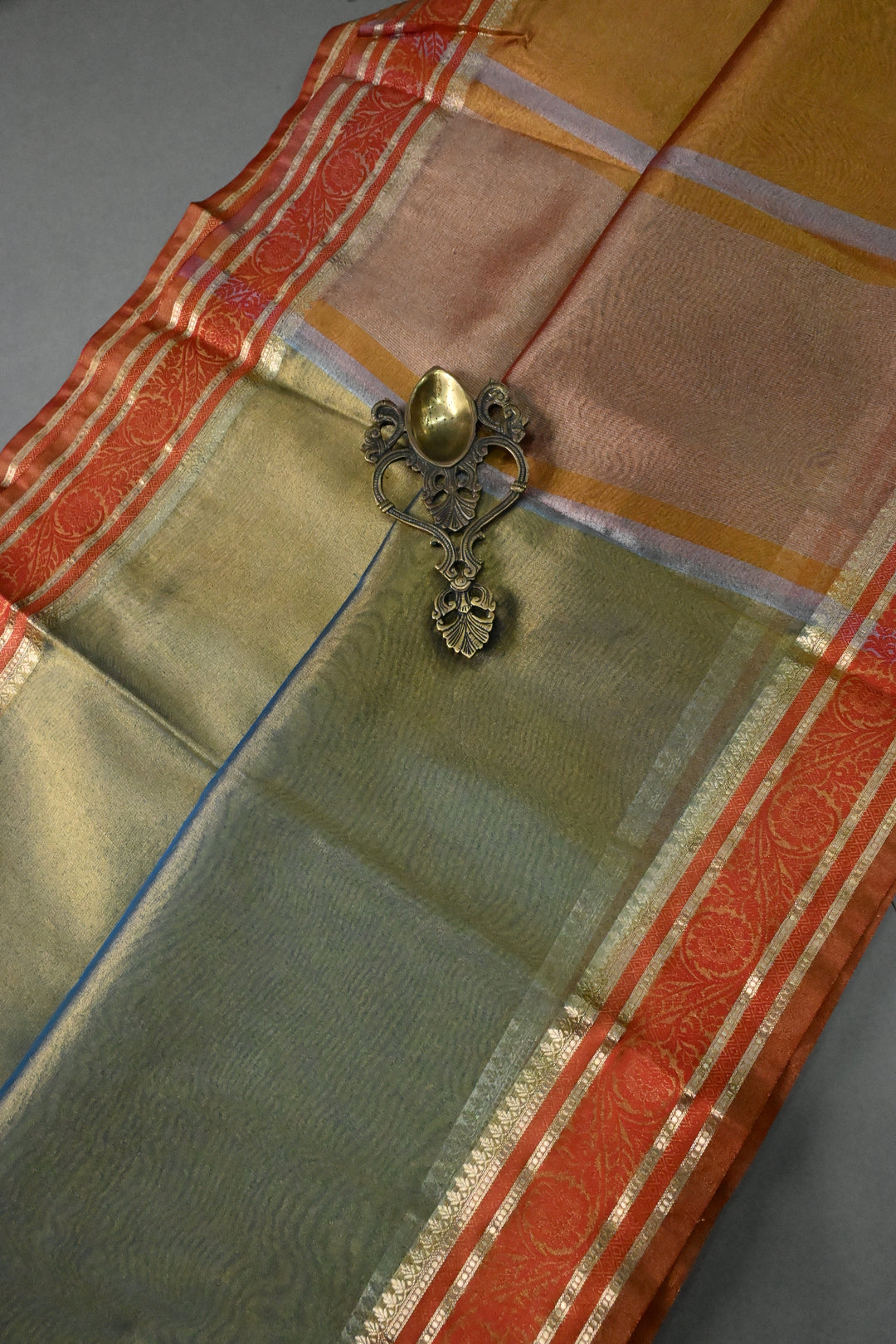Blue-Gold Tissue Art Silk Saree with Contrast Thread Border | SHOBITAM