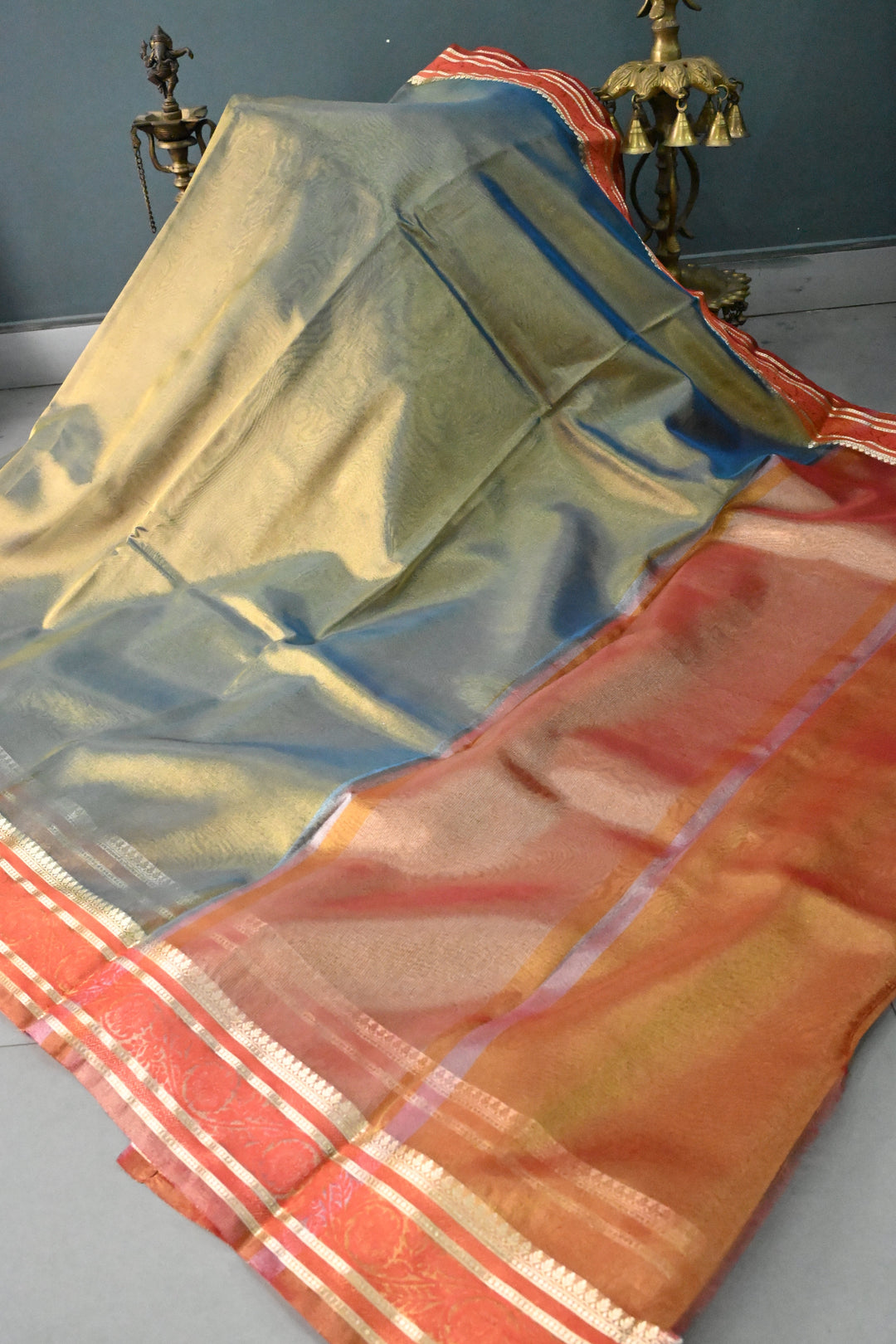 Blue-Gold Tissue Art Silk Saree with Contrast Thread Border | SHOBITAM