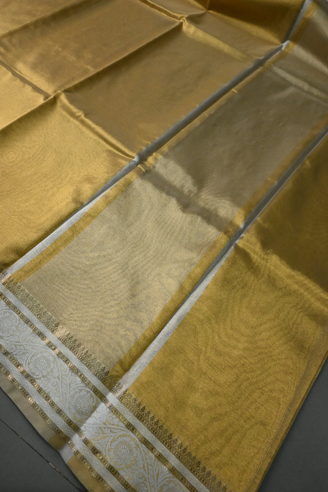Tan Gold Tissue Art Silk Saree with Contrast Thread Border | SHOBITAM
