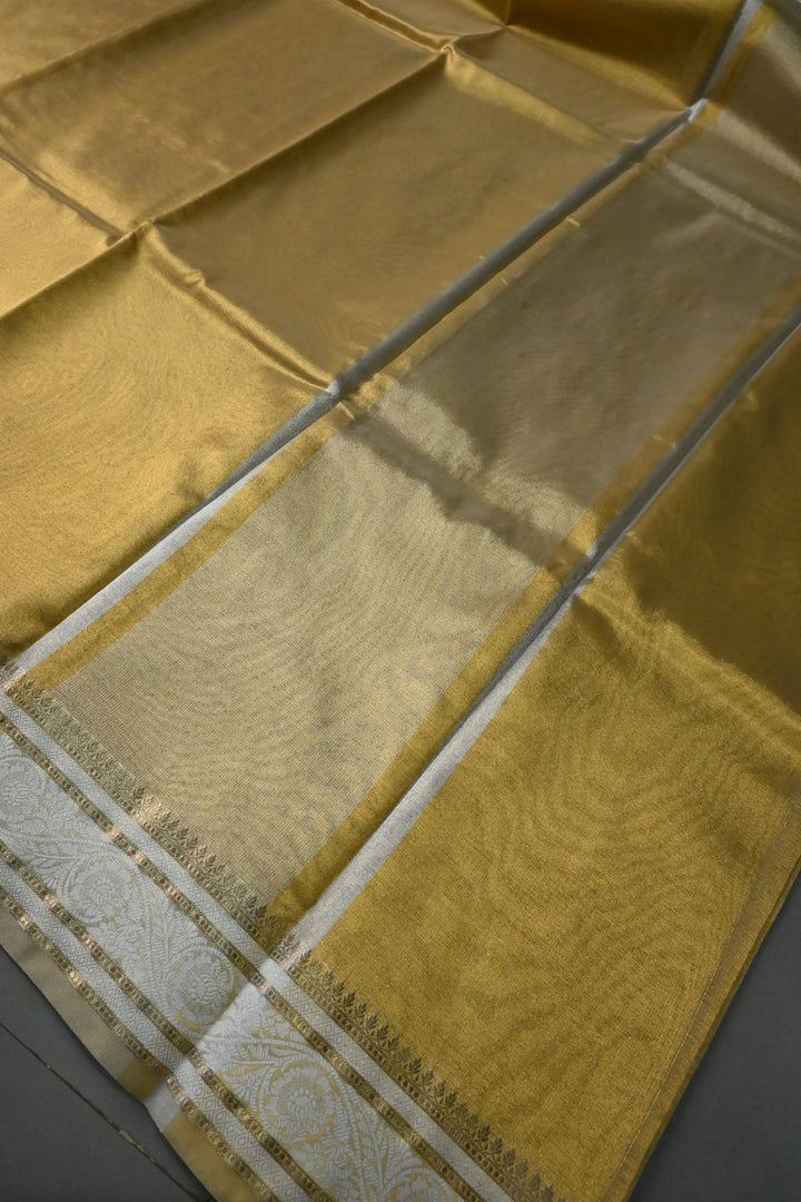 Tan Gold Tissue Art Silk Saree with Contrast Thread Border | SHOBITAM