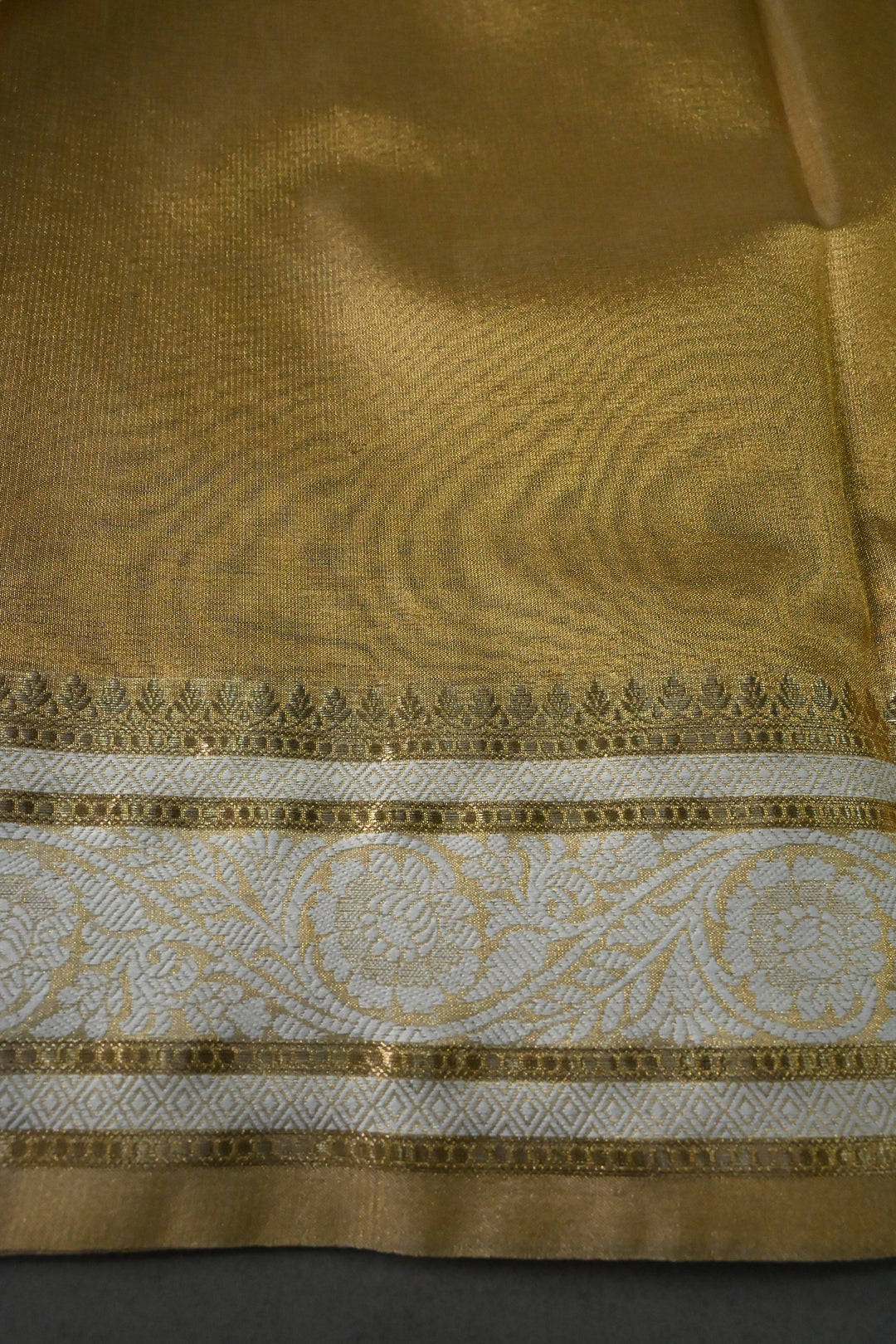 Tan Gold Tissue Art Silk Saree with Contrast Thread Border | SHOBITAM