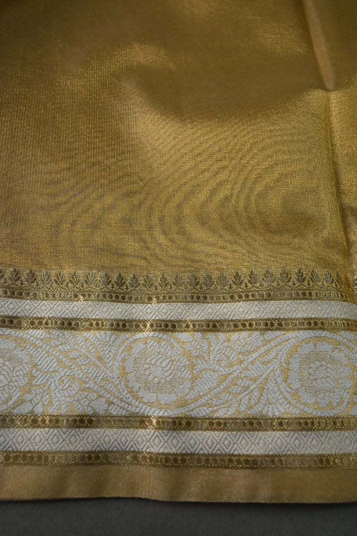 Tan Gold Tissue Art Silk Saree with Contrast Thread Border | SHOBITAM