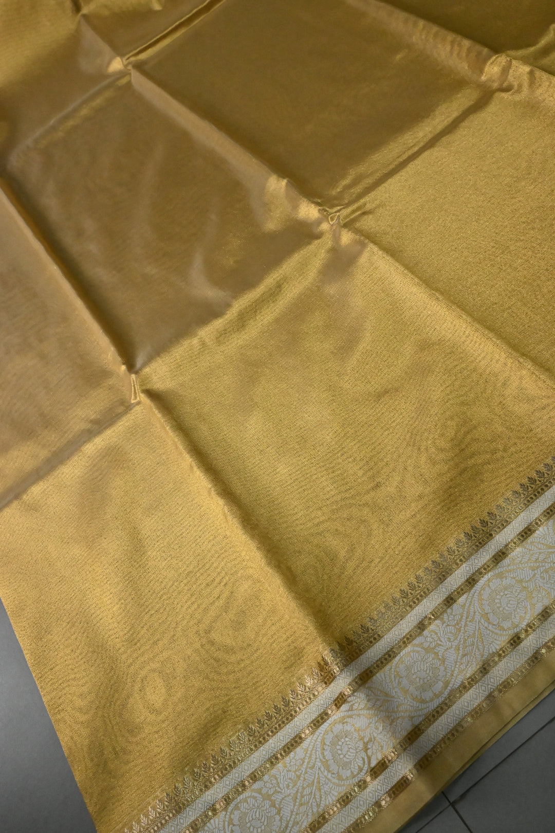 Tan Gold Tissue Art Silk Saree with Contrast Thread Border | SHOBITAM