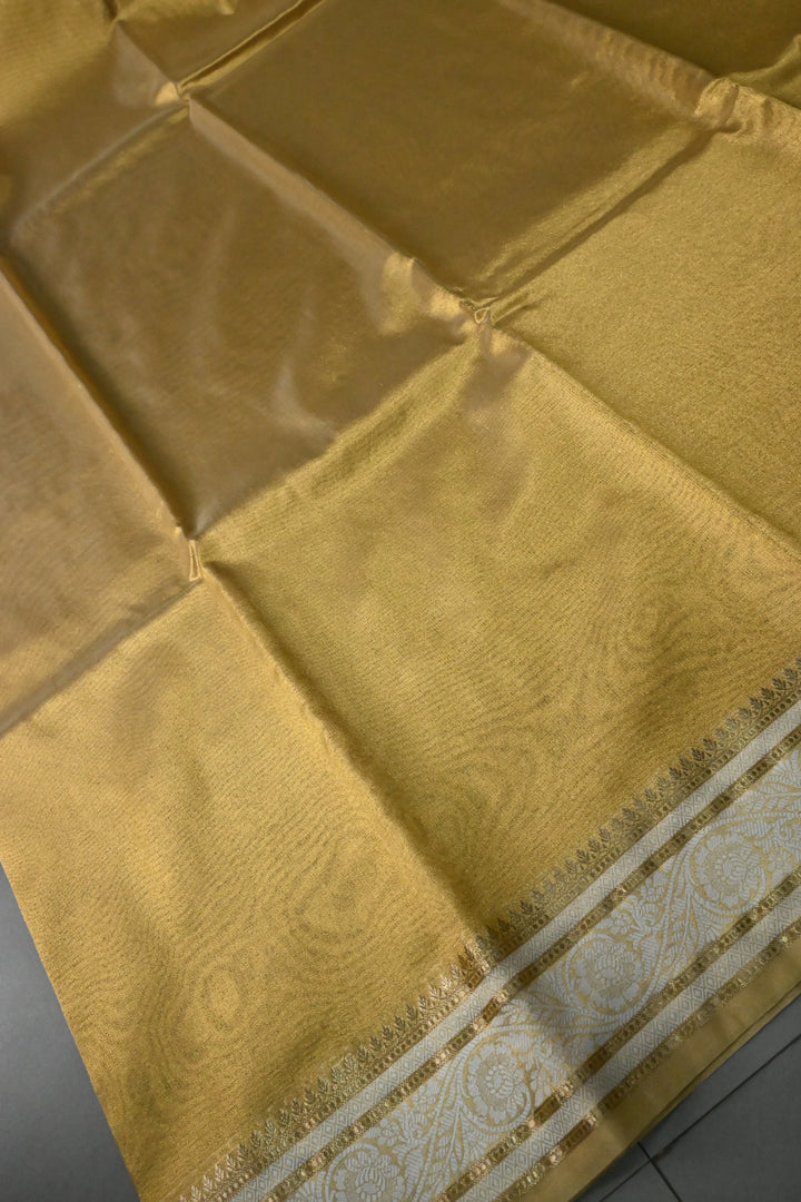 Tan Gold Tissue Art Silk Saree with Contrast Thread Border | SHOBITAM