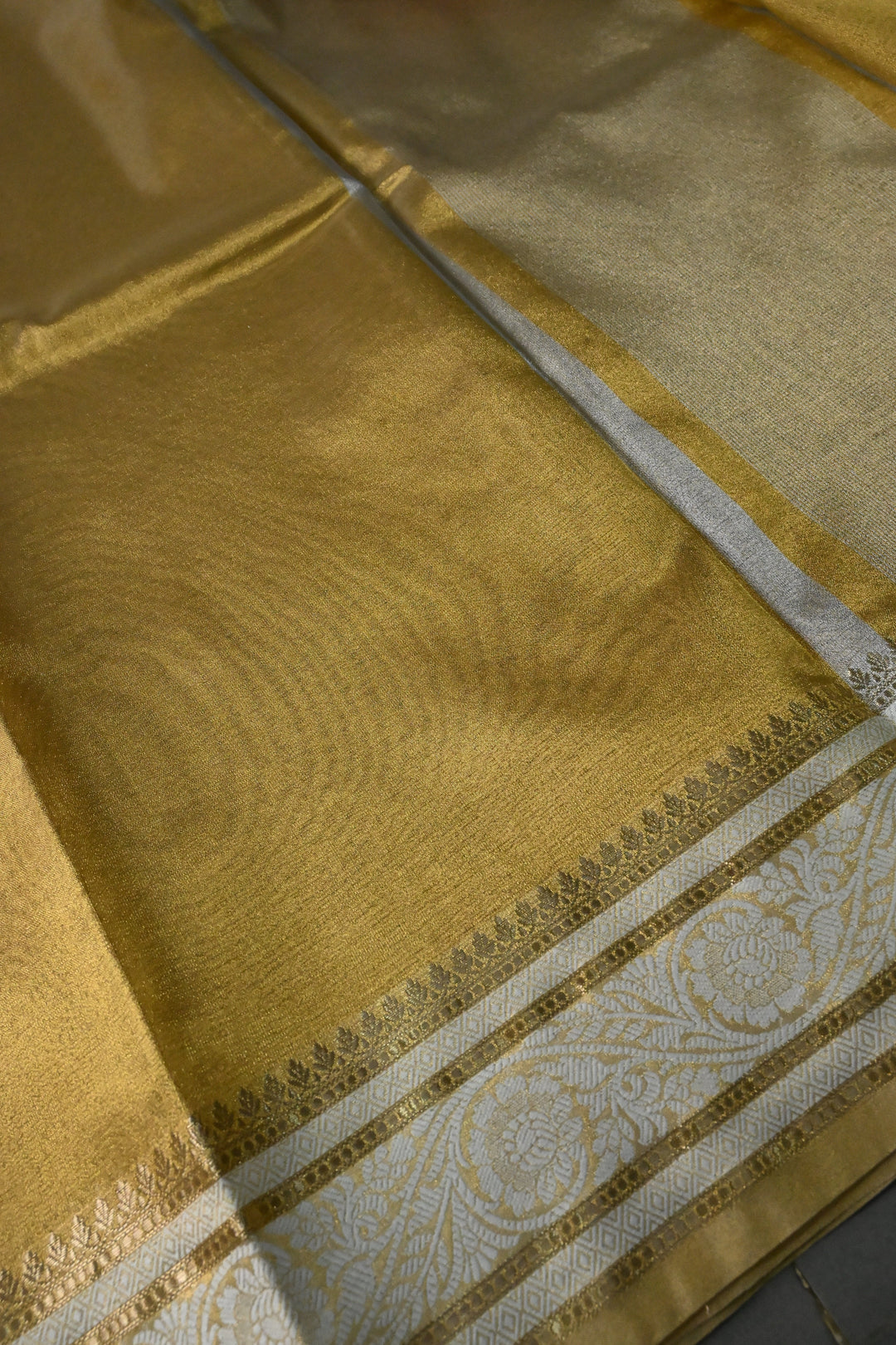 Tan Gold Tissue Art Silk Saree with Contrast Thread Border | SHOBITAM