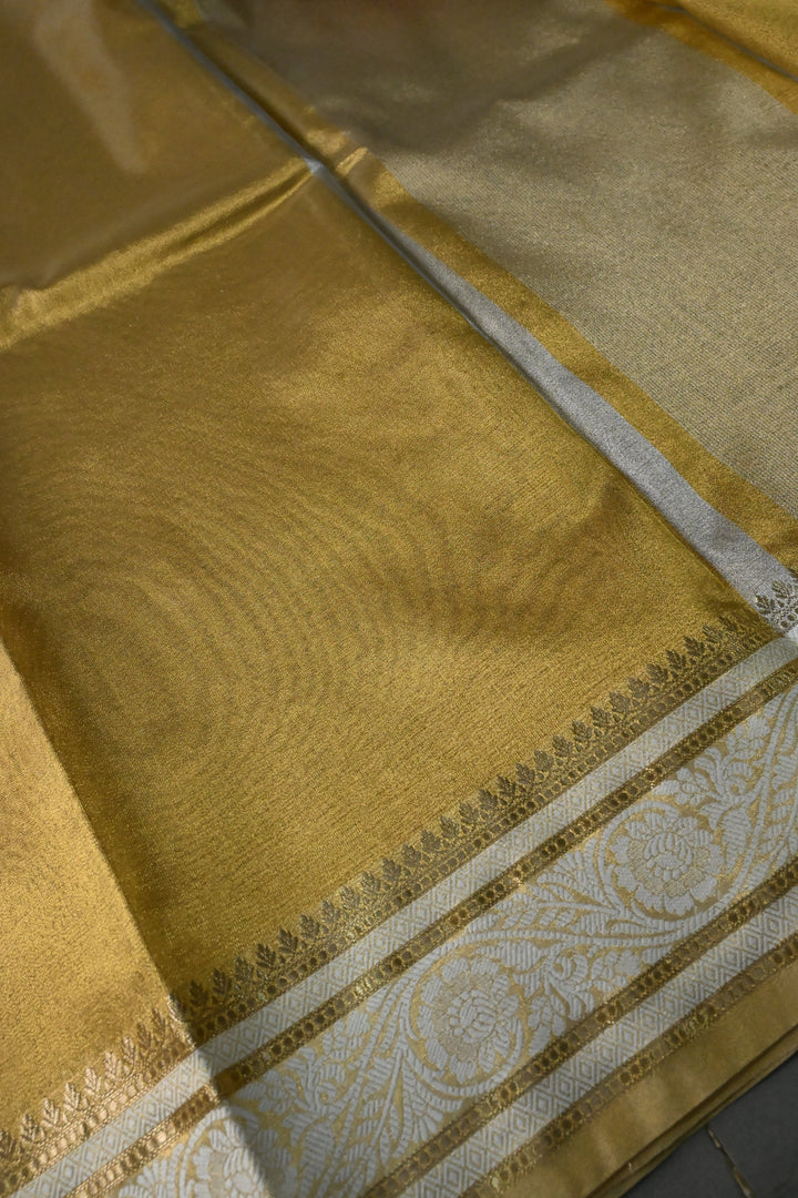 Tan Gold Tissue Art Silk Saree with Contrast Thread Border | SHOBITAM