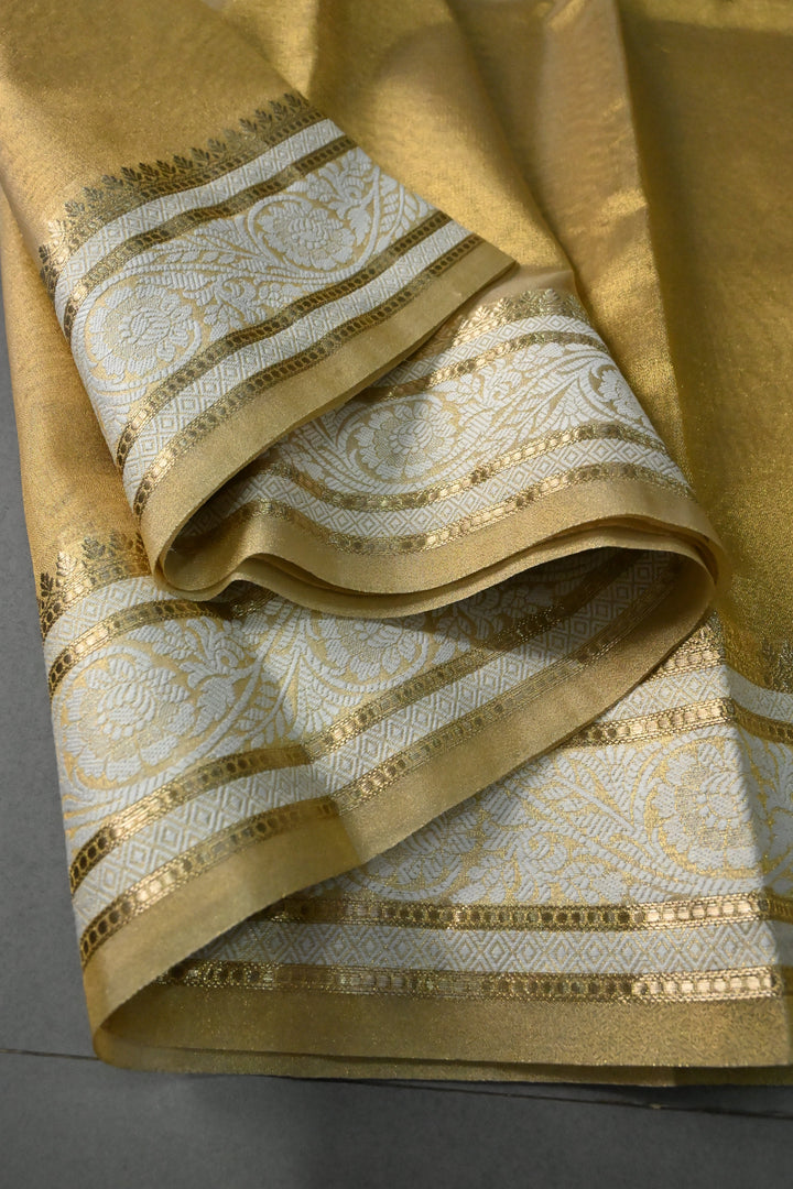 Tan Gold Tissue Art Silk Saree with Contrast Thread Border | SHOBITAM