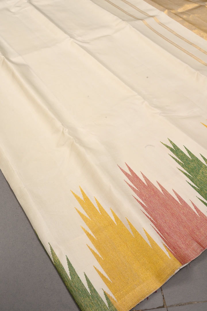 Authentic Kanjivaram Silk Saree in Off White with Multi Color Temple Border with Grand Pallu | SILK MARK CERTIFIED