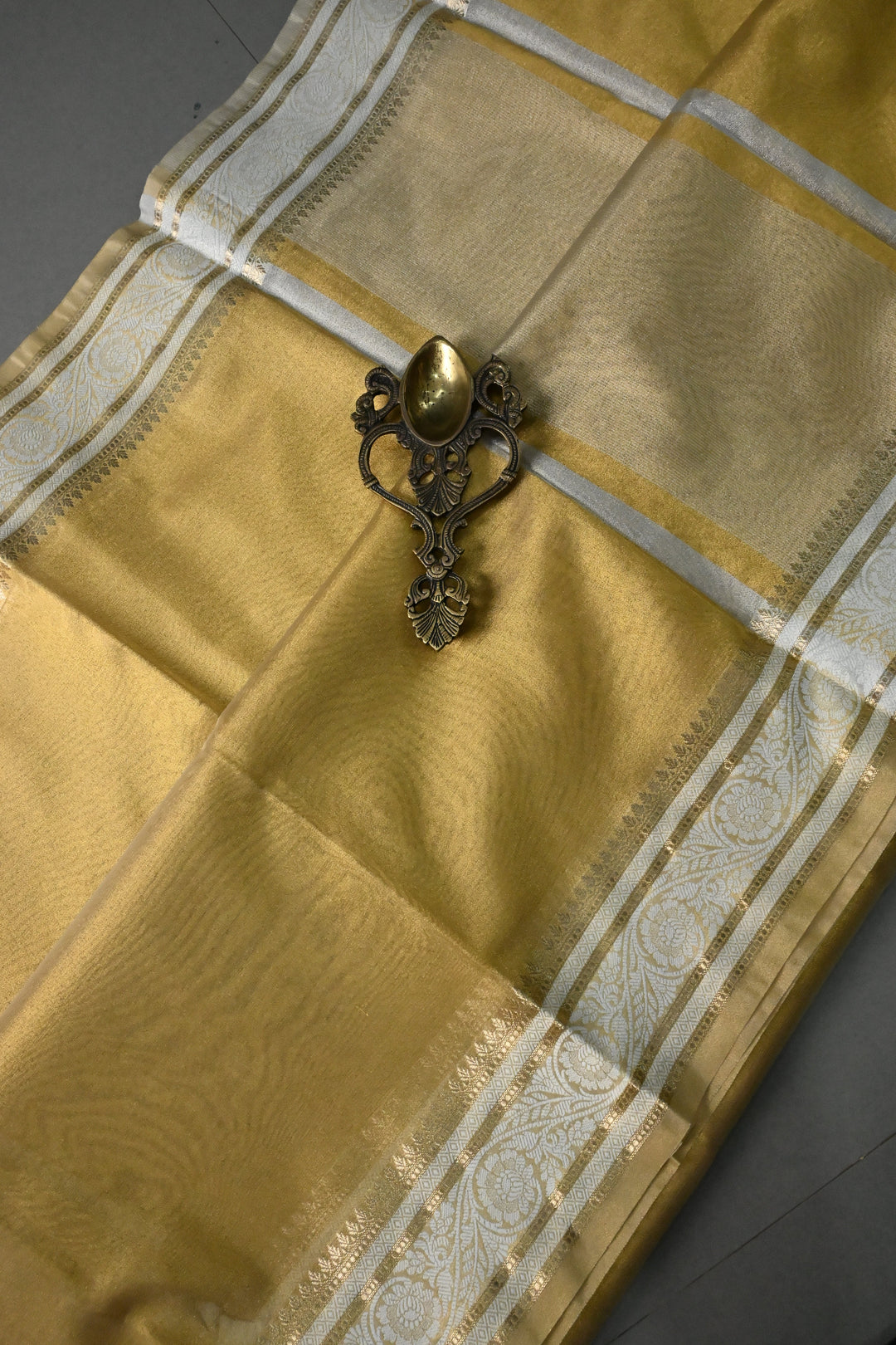 Tan Gold Tissue Art Silk Saree with Contrast Thread Border | SHOBITAM