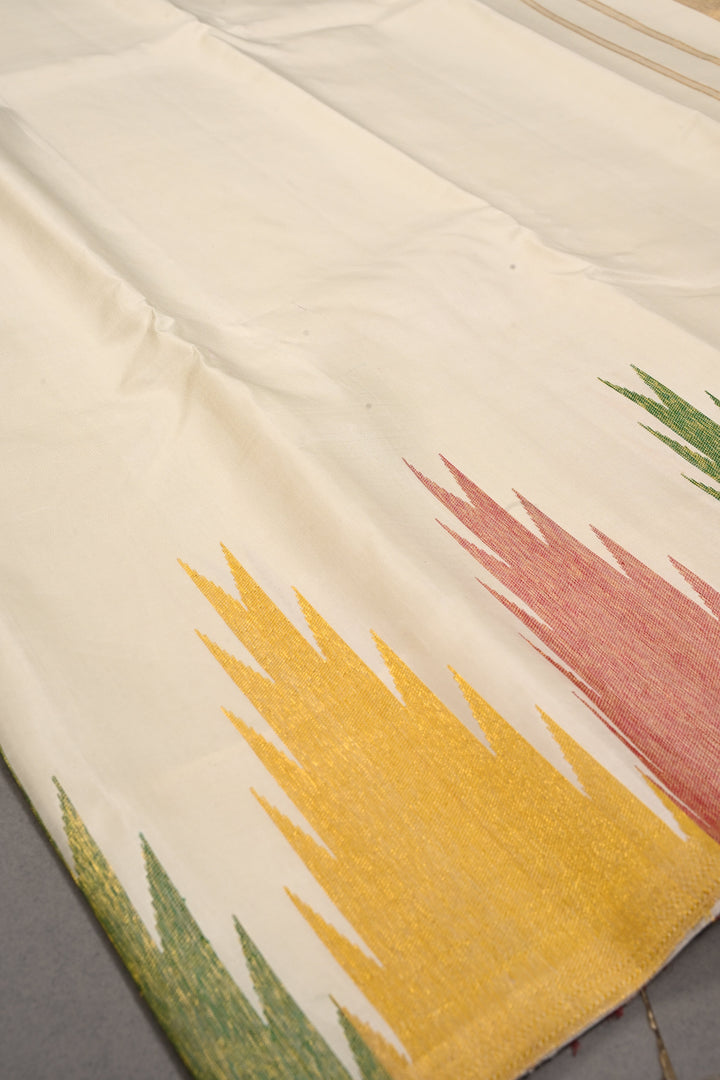 Authentic Kanjivaram Silk Saree in Off White with Multi Color Temple Border with Grand Pallu | SILK MARK CERTIFIED