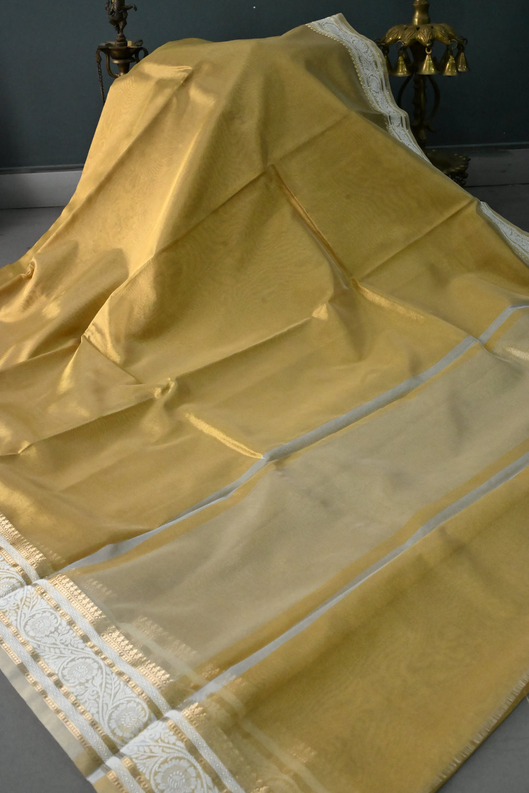 Tan Gold Tissue Art Silk Saree with Contrast Thread Border | SHOBITAM
