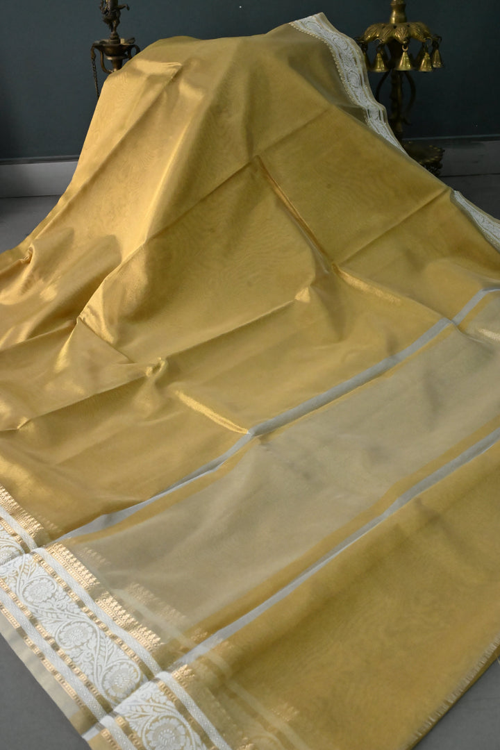 Tan Gold Tissue Art Silk Saree with Contrast Thread Border | SHOBITAM