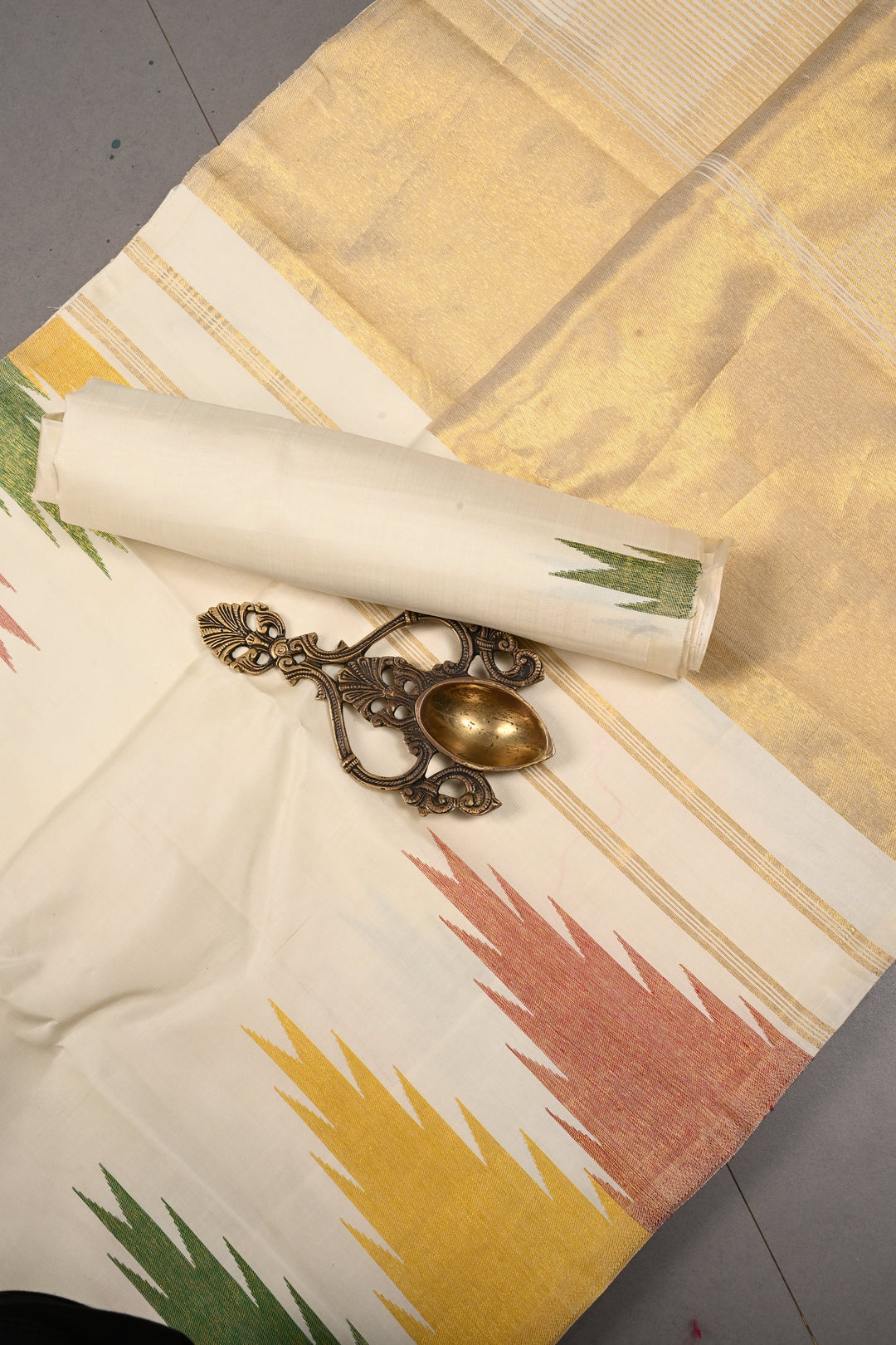 Authentic Kanjivaram Silk Saree in Off White with Multi Color Temple Border with Grand Pallu | SILK MARK CERTIFIED