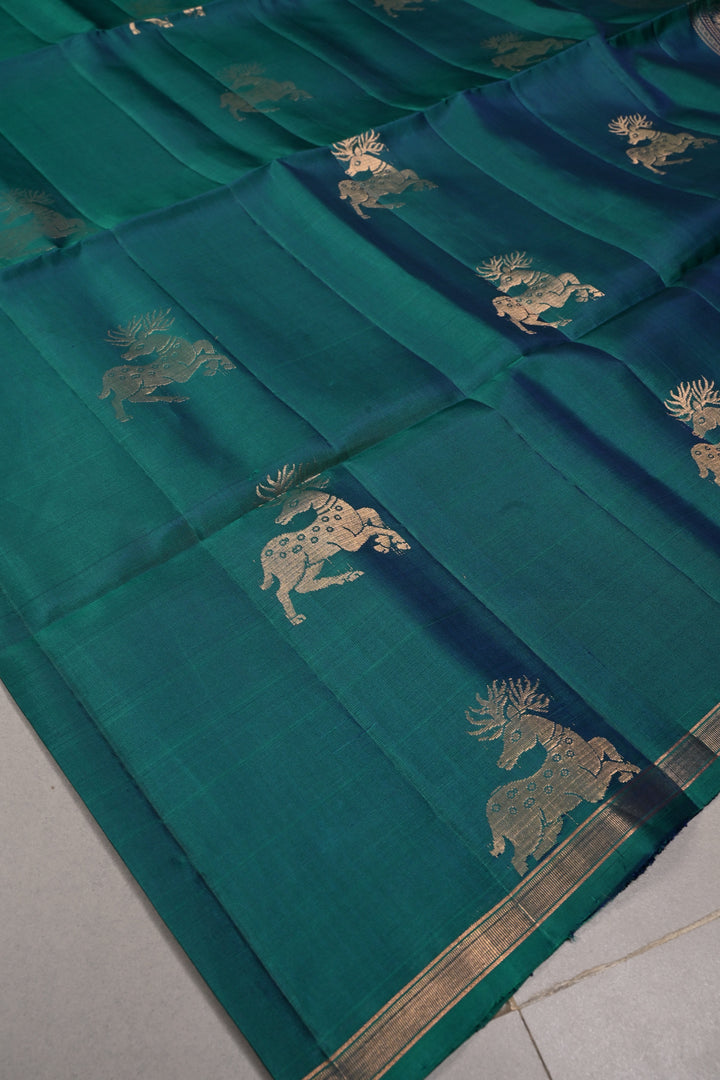 Peacock Green Dual Tone Kanjivaram Soft Silk Saree with Deer Zari Buttas and Minimal Zari Border | SILK MARK CERTIFIED | SHOBITAM